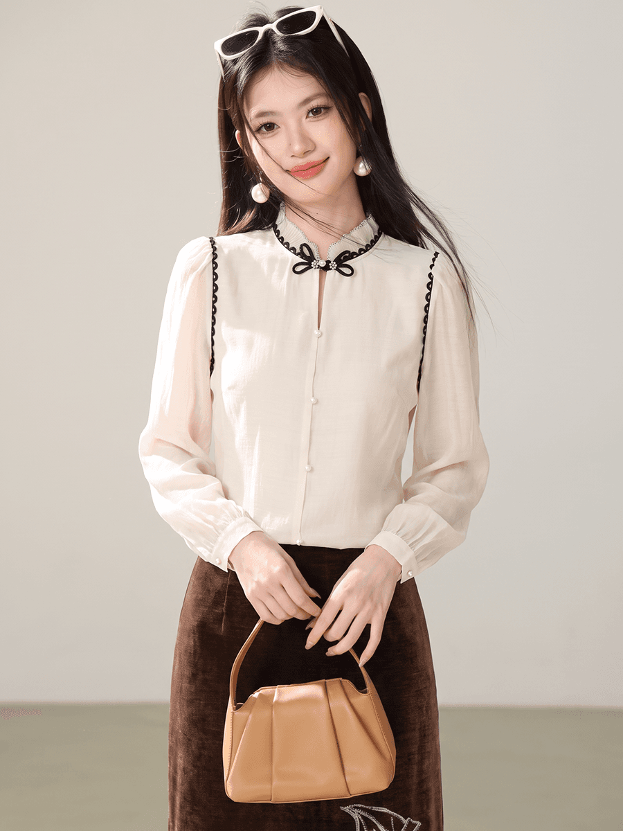 실사 새로운 중식 단추 나비 넥타이 국풍 셔츠 2026 새로운 패치워크 색상 레이스 디자인 긴팔 여성 셔츠 이미지 5