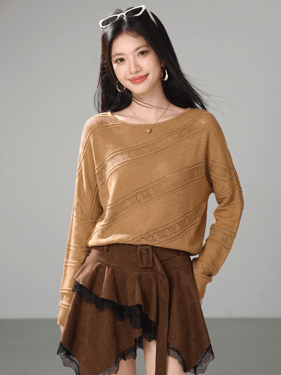 실사 가을 홀로우 아웃 니트 스웨터 여성 얇은 스타일 외출용 스웨터 긴팔 루즈핏 느긋한 바람 라운드 넥 만나는 켜기 이미지 3