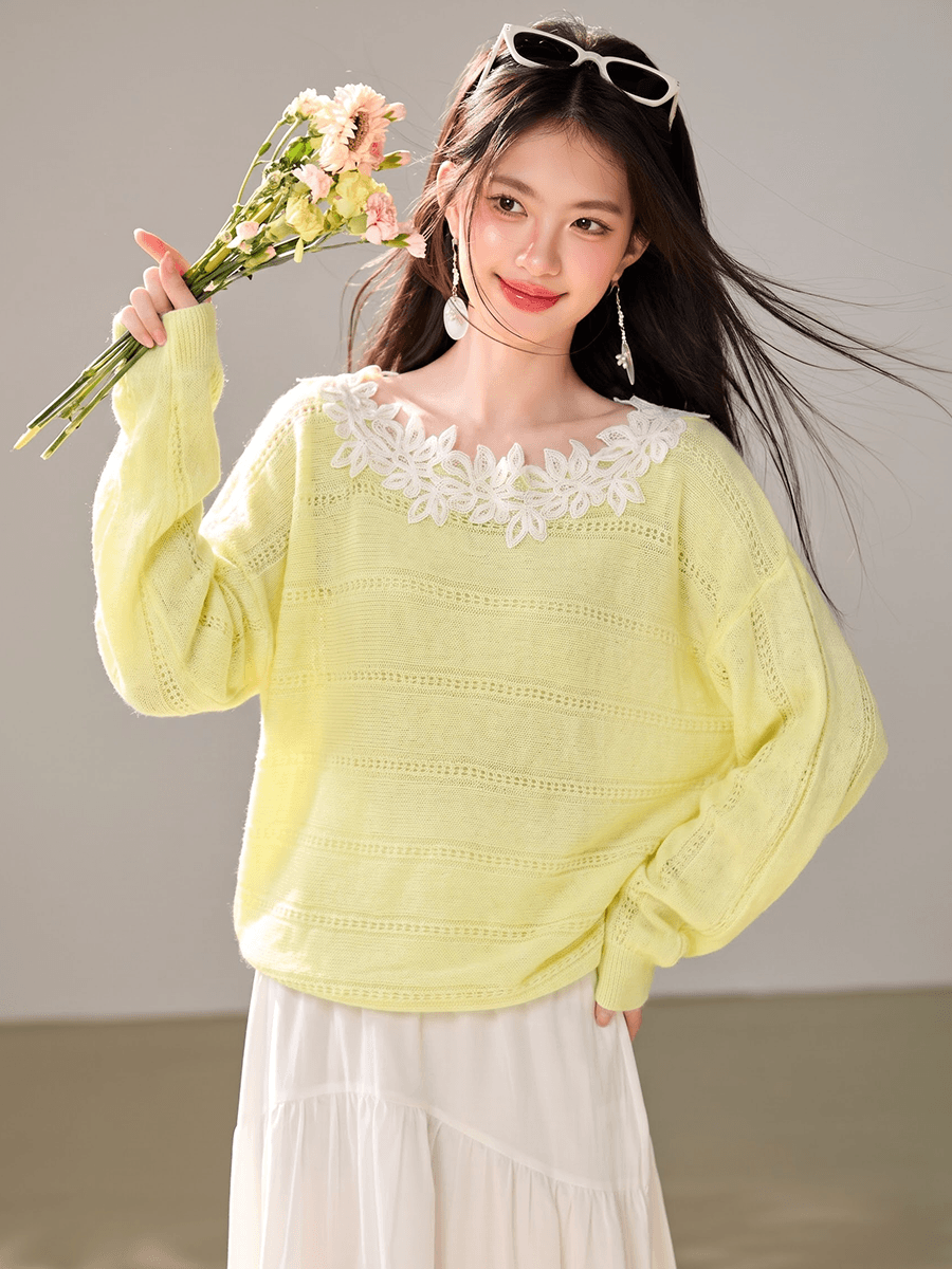 실사 있음 2026 한 부서 레이스 칼라 홀로우 아웃 니트 스웨터 여성 이른 가을 부드러운 바람 분위기 센스 맨위