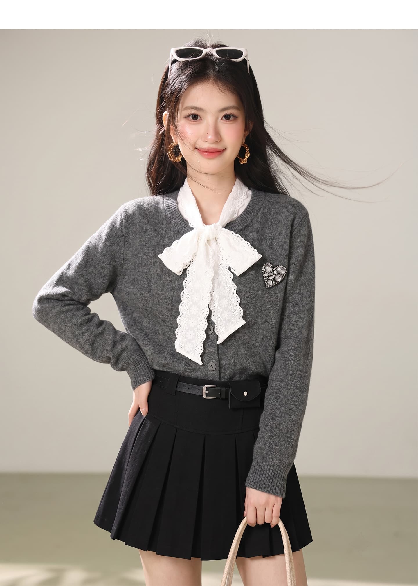 실사 프랑스식 레이스 나비 매듭 회색 스웨터 여자 디자인 센스 인사이드 잡아라. 의류 부드러운 찹쌀 니트 오픈 가디건 상세 이미지 2