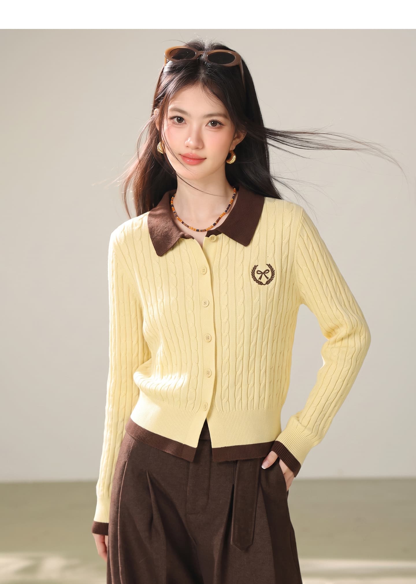실사 학원 스타일 페이크 레이어드 배색 POLO 칼라 니트 오픈 가디건 여성 2026 가을 새로운 싱글 줄 버튼 맨위 상세 이미지 3