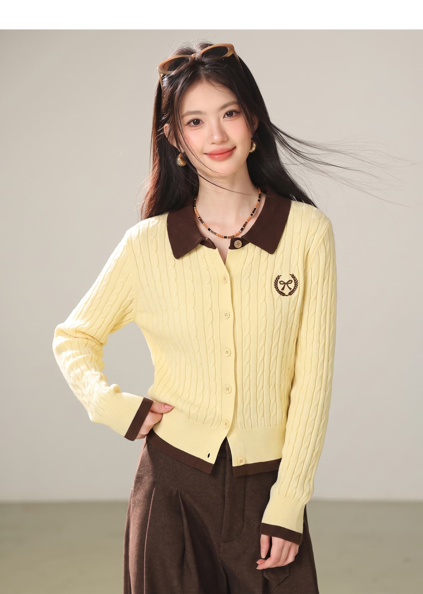 실사 학원 스타일 페이크 레이어드 배색 POLO 칼라 니트 오픈 가디건 여성 2026 가을 새로운 싱글 줄 버튼 맨위 상세 이미지 4