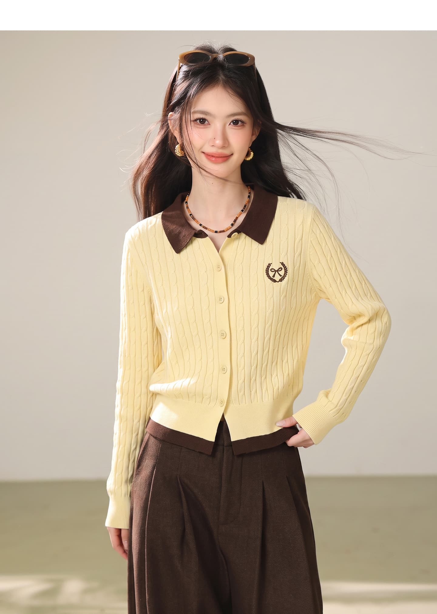 실사 학원 스타일 페이크 레이어드 배색 POLO 칼라 니트 오픈 가디건 여성 2026 가을 새로운 싱글 줄 버튼 맨위 상세 이미지 5