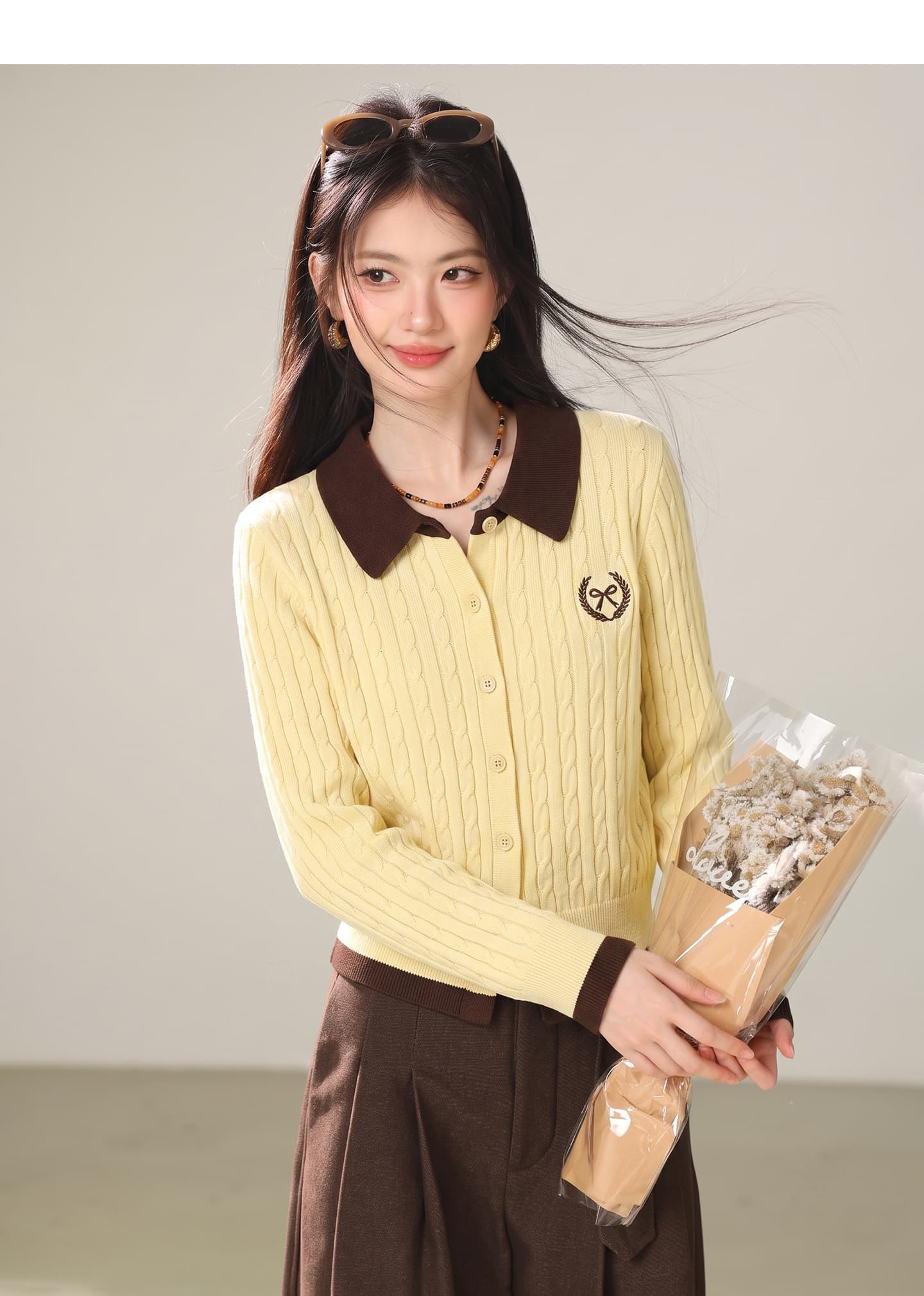 실사 학원 스타일 페이크 레이어드 배색 POLO 칼라 니트 오픈 가디건 여성 2026 가을 새로운 싱글 줄 버튼 맨위 상세 이미지 6