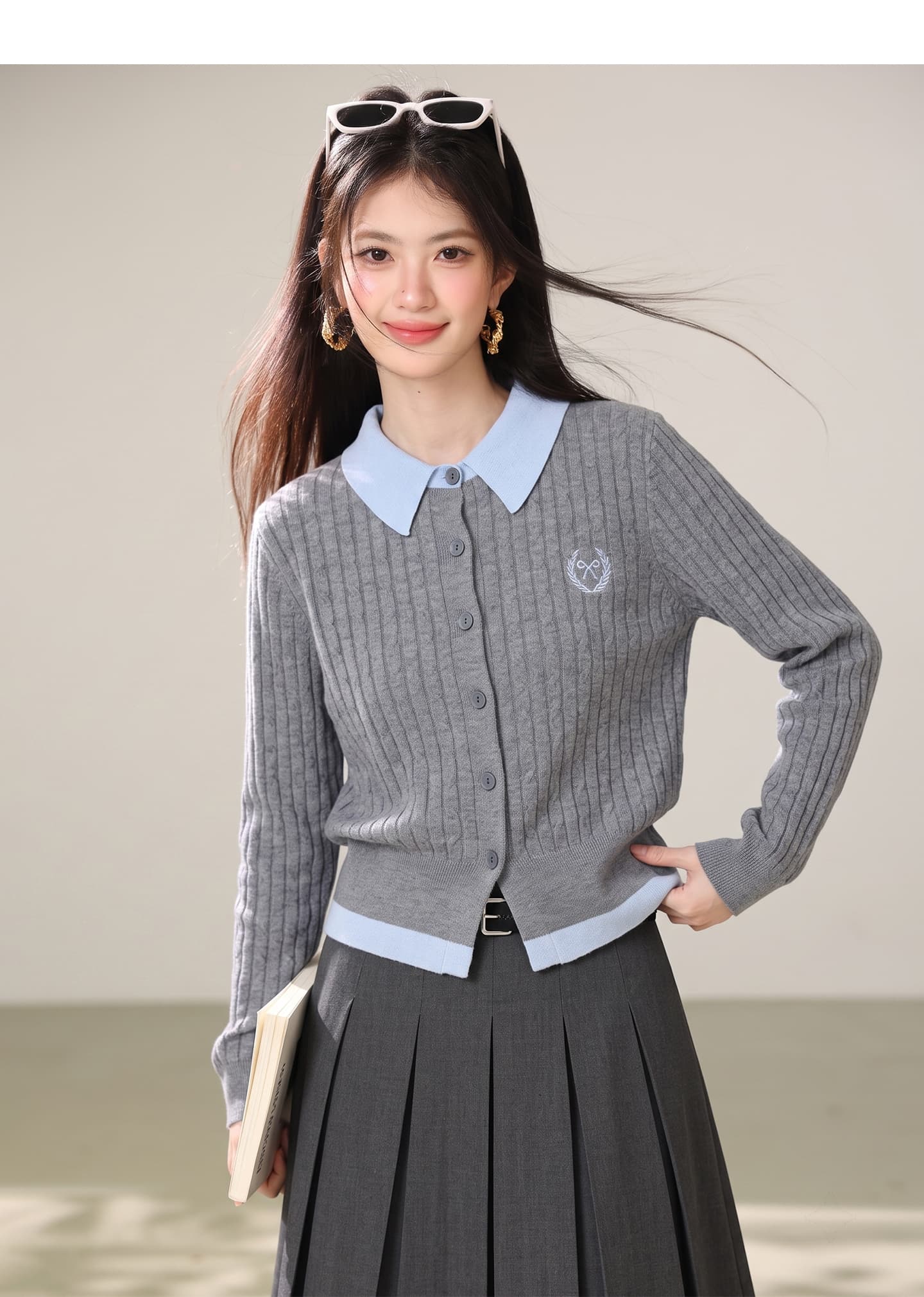 실사 학원 스타일 페이크 레이어드 배색 POLO 칼라 니트 오픈 가디건 여성 2026 가을 새로운 싱글 줄 버튼 맨위 상세 이미지 7