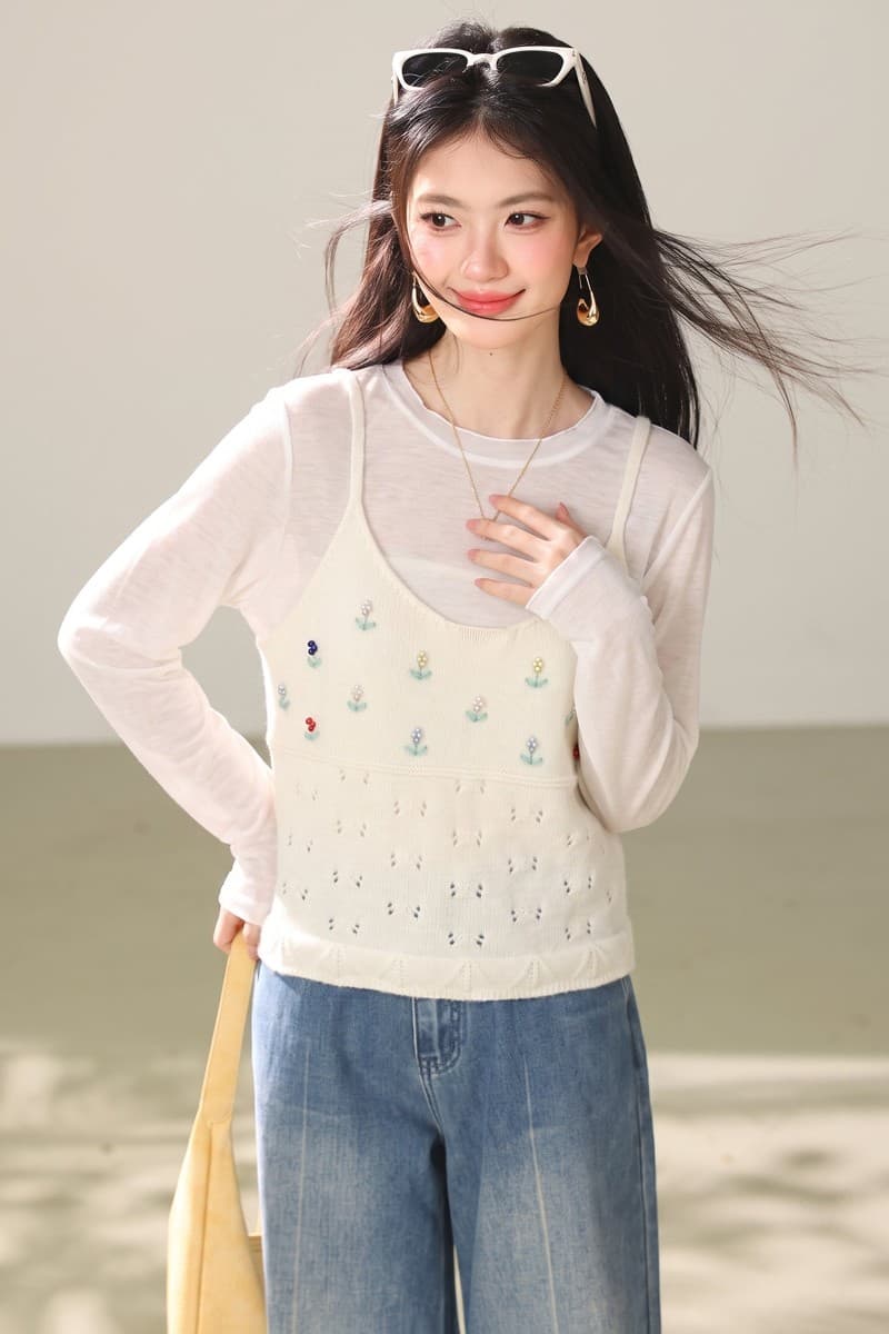 실사 자수 홀로우 아웃 니트 캐미솔 가을 외출용 디자인 센스 아름다운 한 부서 스택 착용 맨위 이미지 7