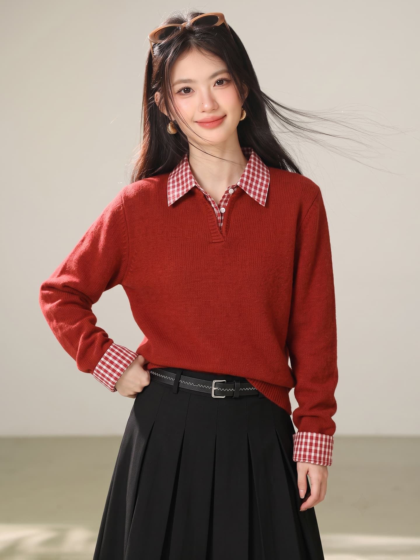 실사 빨간색 신년 착용 가져 가라. 체크무늬 패치워크 페이크 레이어드 스웨터 여성 겨울 인사이드 가져 가라. 만나는 니트 스웨터 맨위 이미지 2