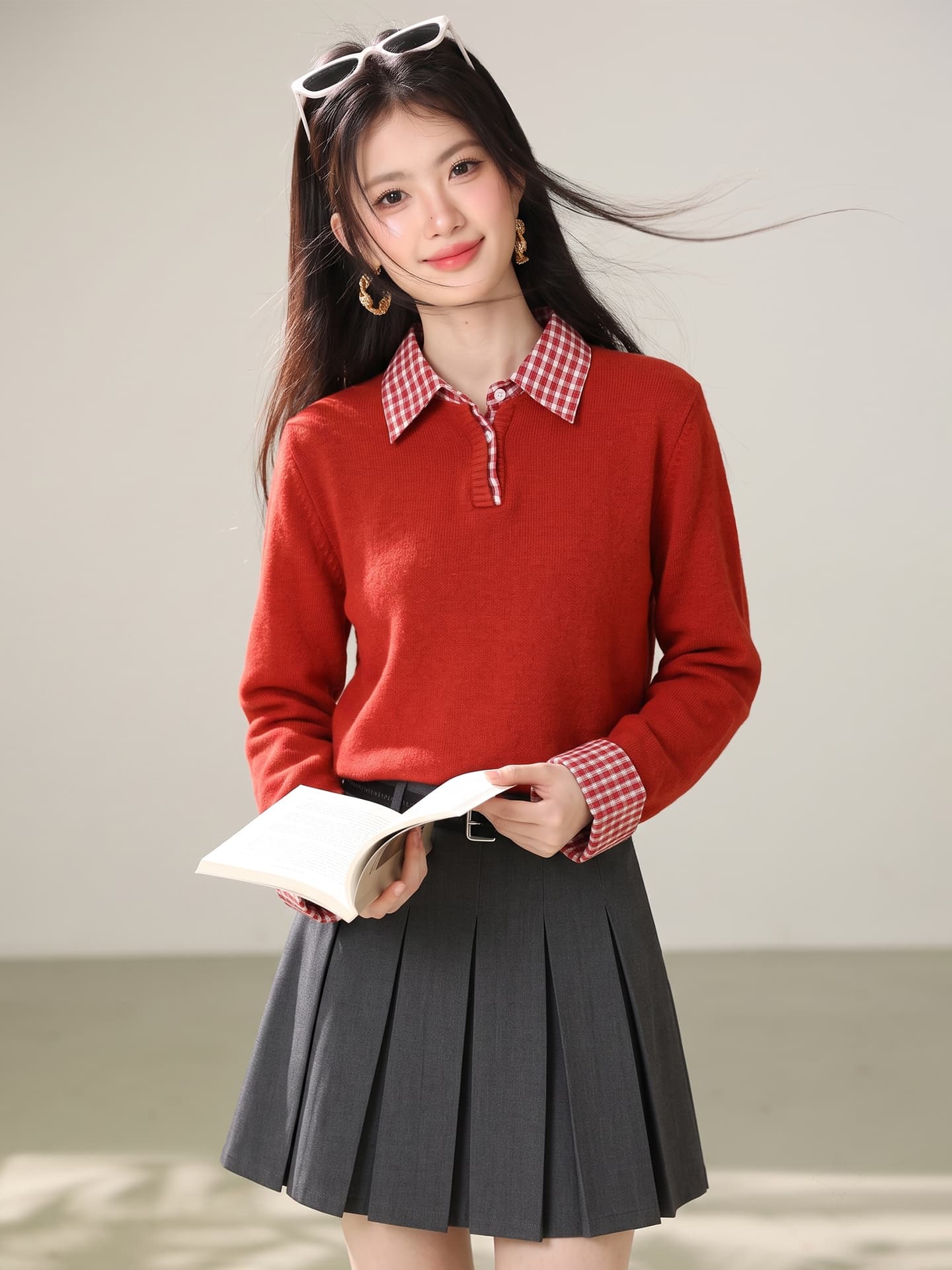 실사 빨간색 신년 착용 가져 가라. 체크무늬 패치워크 페이크 레이어드 스웨터 여성 겨울 인사이드 가져 가라. 만나는 니트 스웨터 맨위 이미지 3