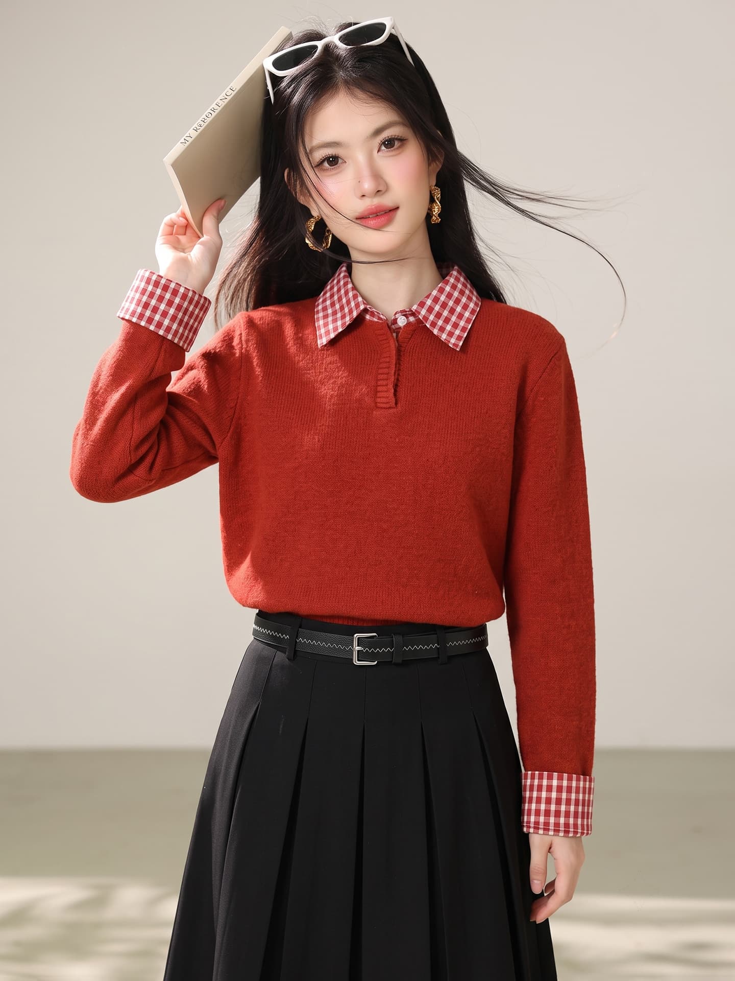 실사 빨간색 신년 착용 가져 가라. 체크무늬 패치워크 페이크 레이어드 스웨터 여성 겨울 인사이드 가져 가라. 만나는 니트 스웨터 맨위 이미지 4
