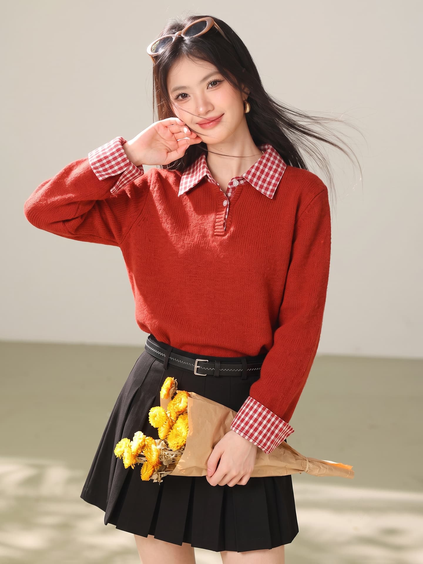 실사 빨간색 신년 착용 가져 가라. 체크무늬 패치워크 페이크 레이어드 스웨터 여성 겨울 인사이드 가져 가라. 만나는 니트 스웨터 맨위 이미지 5