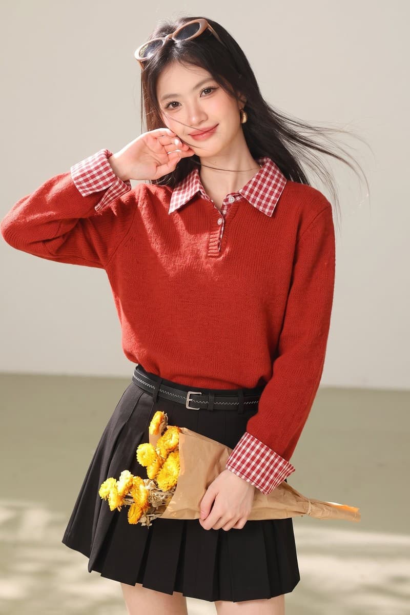 실사 빨간색 신년 착용 가져 가라. 체크무늬 패치워크 페이크 레이어드 스웨터 여성 겨울 인사이드 가져 가라. 만나는 니트 스웨터 맨위 이미지 7