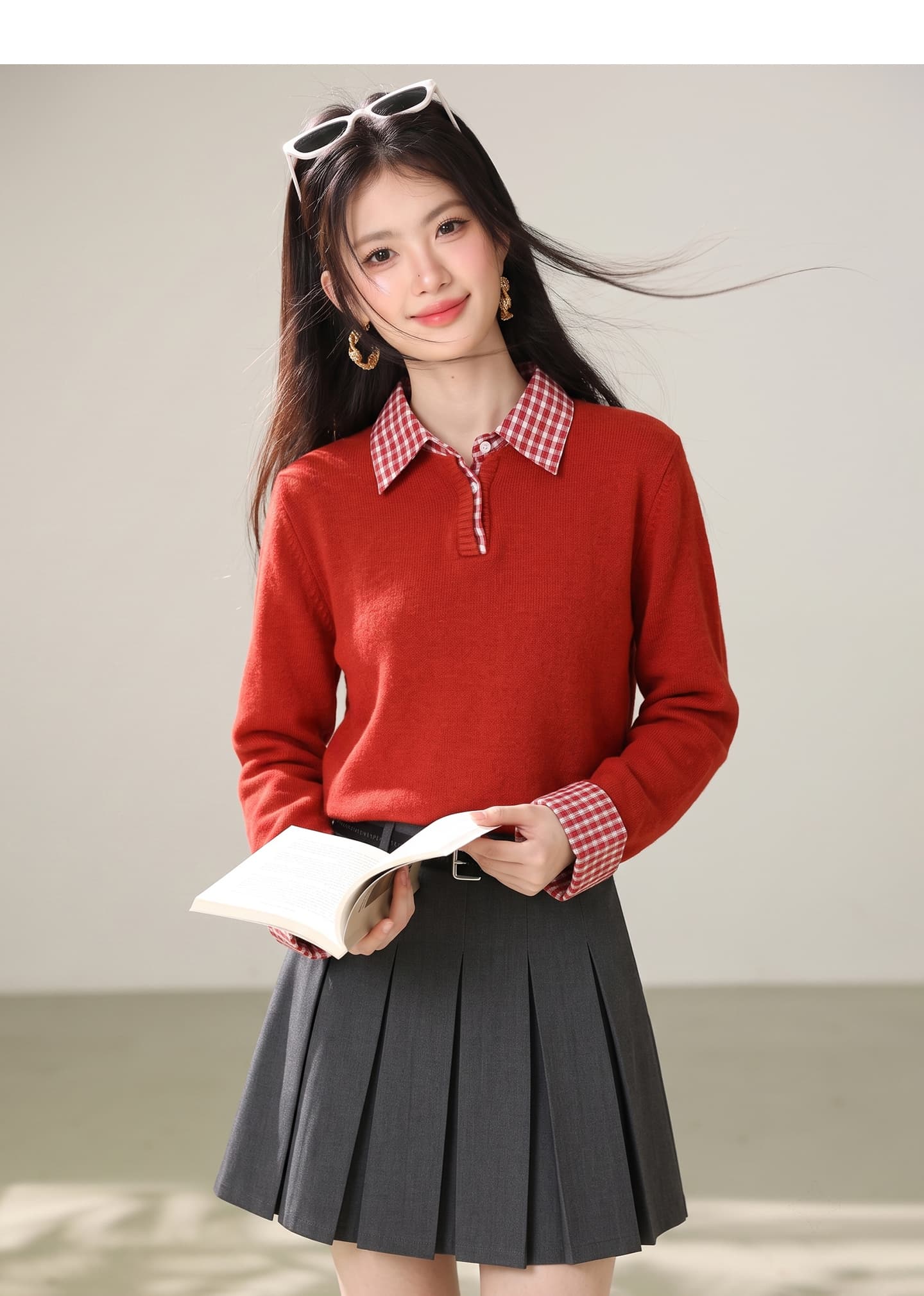 실사 빨간색 신년 착용 가져 가라. 체크무늬 패치워크 페이크 레이어드 스웨터 여성 겨울 인사이드 가져 가라. 만나는 니트 스웨터 맨위 상세 이미지 2