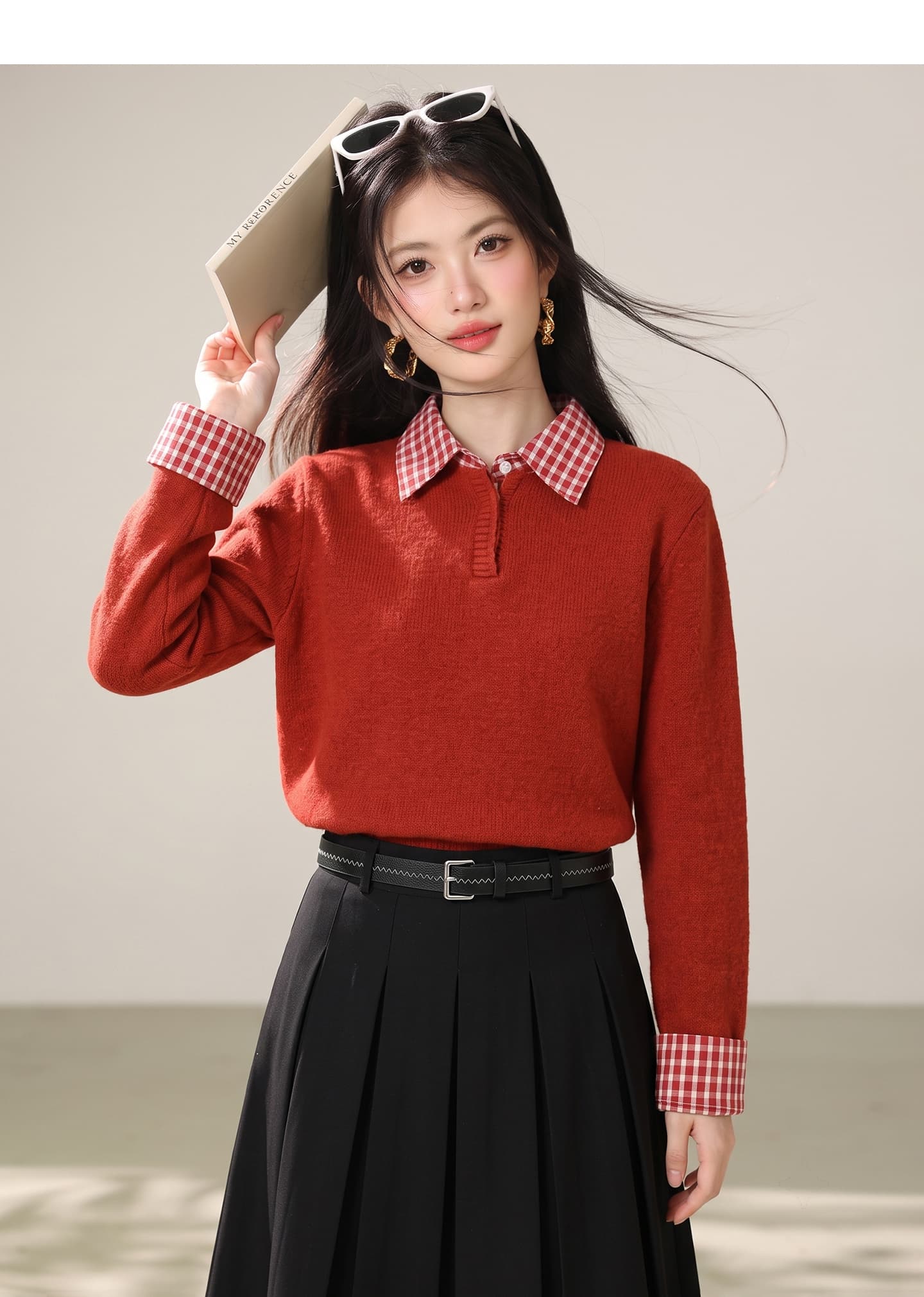 실사 빨간색 신년 착용 가져 가라. 체크무늬 패치워크 페이크 레이어드 스웨터 여성 겨울 인사이드 가져 가라. 만나는 니트 스웨터 맨위 상세 이미지 3