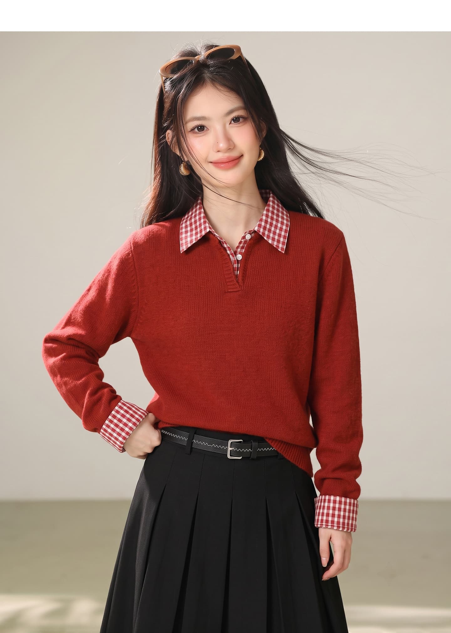 실사 빨간색 신년 착용 가져 가라. 체크무늬 패치워크 페이크 레이어드 스웨터 여성 겨울 인사이드 가져 가라. 만나는 니트 스웨터 맨위 상세 이미지 4