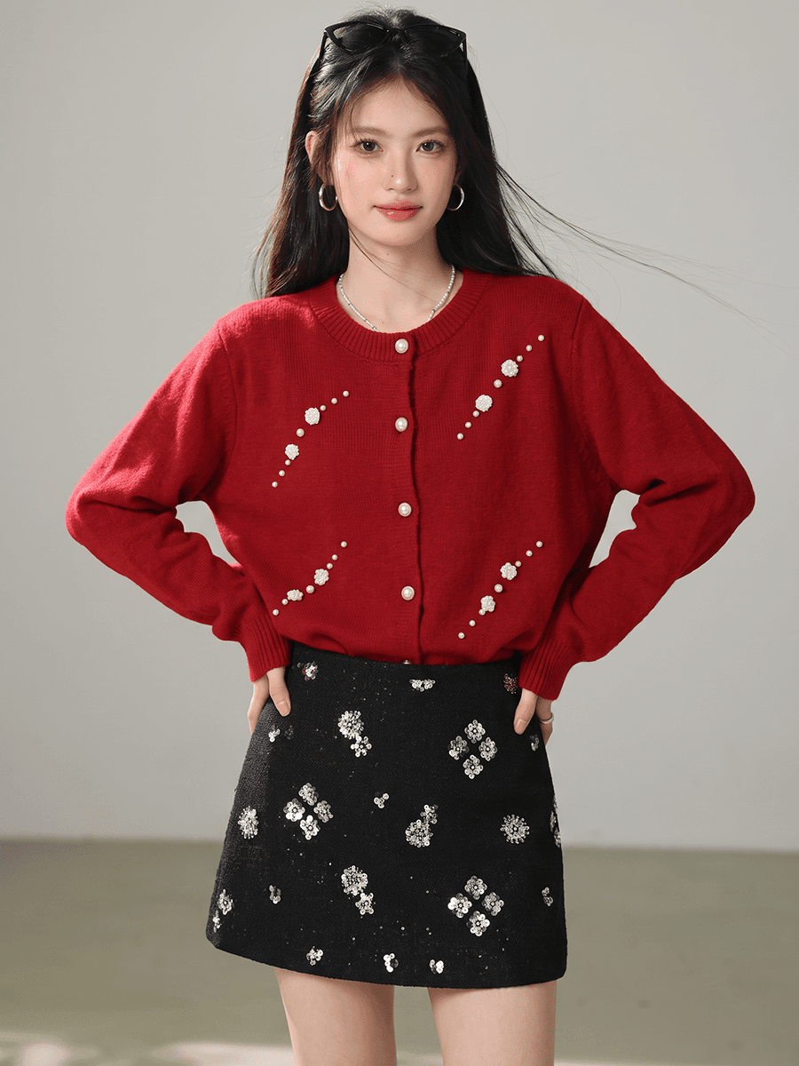 실사 작은 샤넬 스타일 무거운 작업 비즈 박기 스웨터 오픈 가디건 여성 가을 겨울 품격 한 부서 따뜻한 부드럽다 찹쌀 니트 재킷 이미지 3
