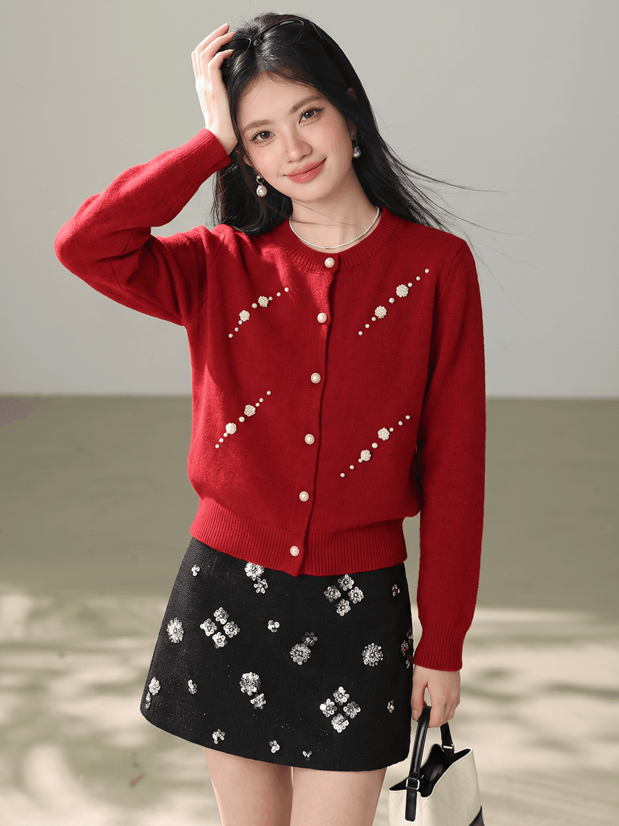 실사 작은 샤넬 스타일 무거운 작업 비즈 박기 스웨터 오픈 가디건 여성 가을 겨울 품격 한 부서 따뜻한 부드럽다 찹쌀 니트 재킷 이미지 4
