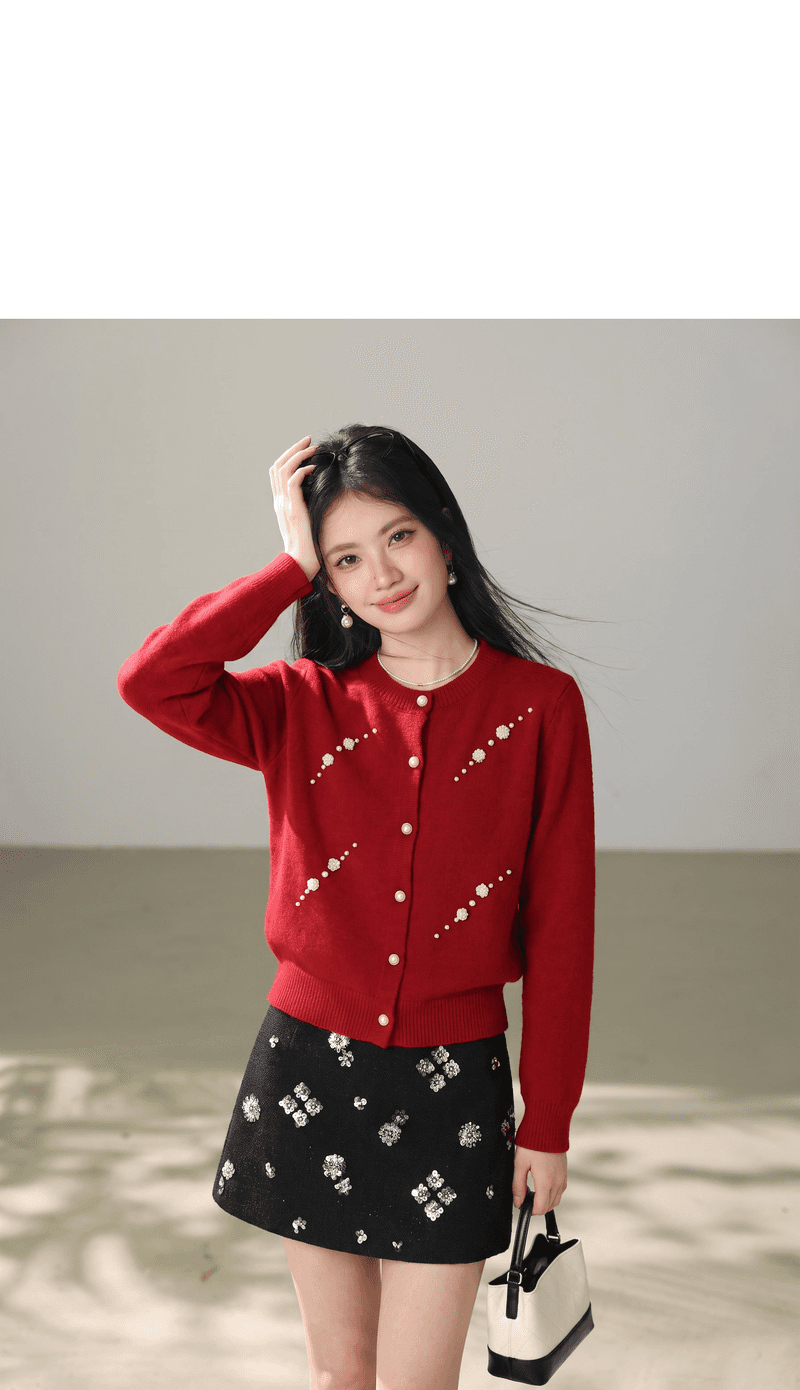 실사 작은 샤넬 스타일 무거운 작업 비즈 박기 스웨터 오픈 가디건 여성 가을 겨울 품격 한 부서 따뜻한 부드럽다 찹쌀 니트 재킷 상세 이미지 4