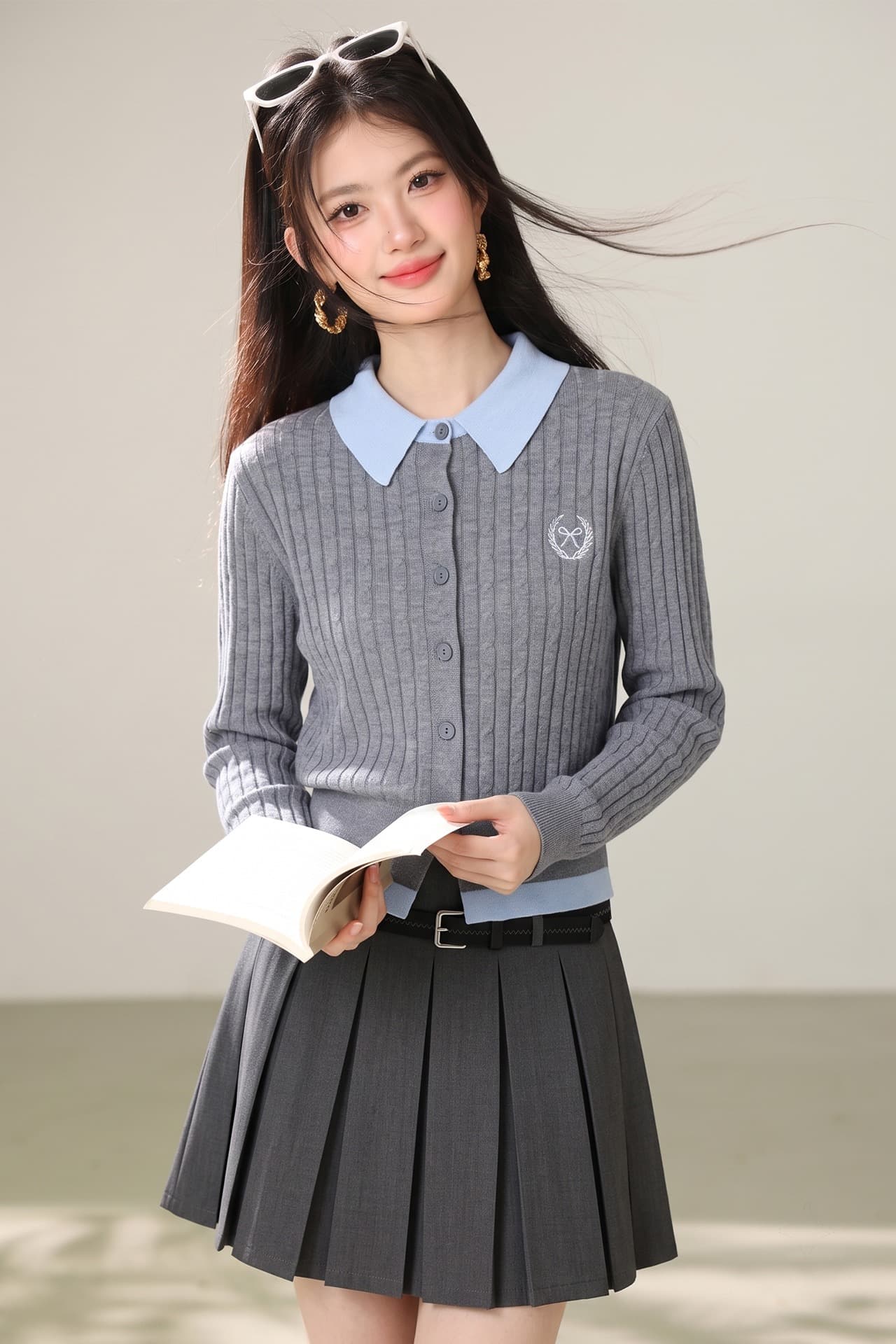 실사 학원 스타일 페이크 레이어드 배색 POLO 칼라 니트 오픈 가디건 여성 2026 가을 새로운 싱글 줄 버튼 맨위 이미지 7