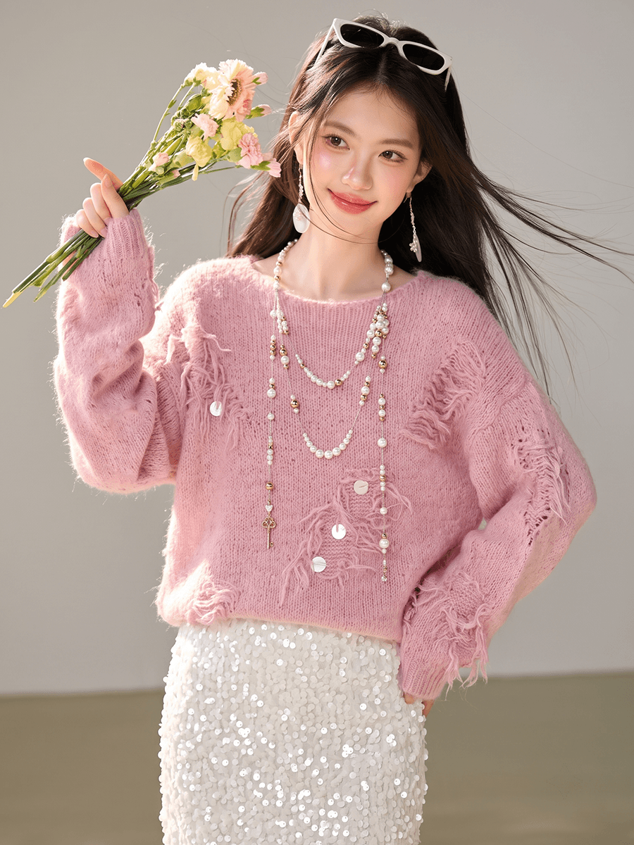 실사 한 부서 마 오래된 거친 가장자리 술 니트 스웨터 잡색 부드러운 찹쌀 루즈핏 느긋한 바람 이슬 쇄골 풀오버 이미지 2