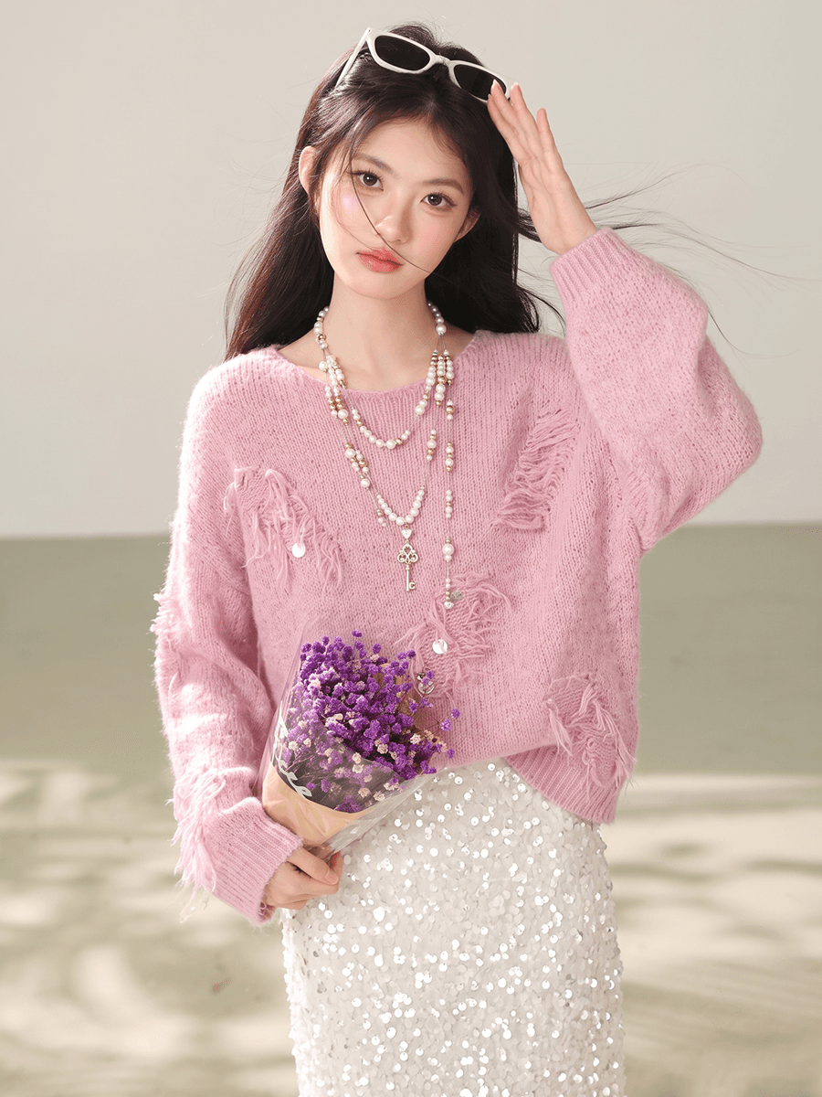 실사 한 부서 마 오래된 거친 가장자리 술 니트 스웨터 잡색 부드러운 찹쌀 루즈핏 느긋한 바람 이슬 쇄골 풀오버 이미지 5