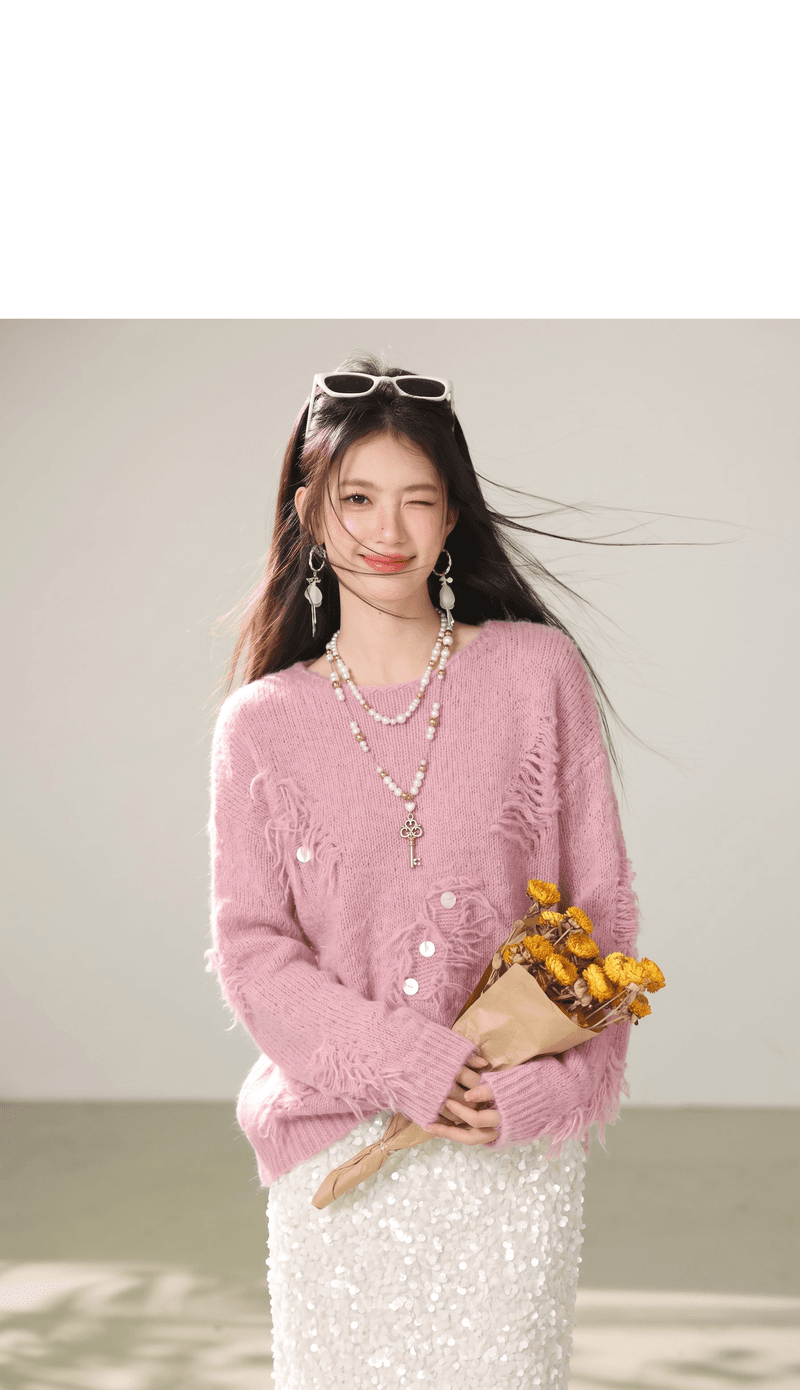 실사 한 부서 마 오래된 거친 가장자리 술 니트 스웨터 잡색 부드러운 찹쌀 루즈핏 느긋한 바람 이슬 쇄골 풀오버 상세 이미지 5