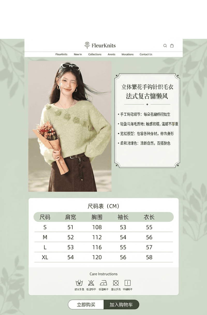 실사 고급 느긋한 꽃 녹색 스웨터 여성 의류 가을 겨울 2026 년 새로운 니트 스웨터 긴팔 맨위 상세 이미지 1