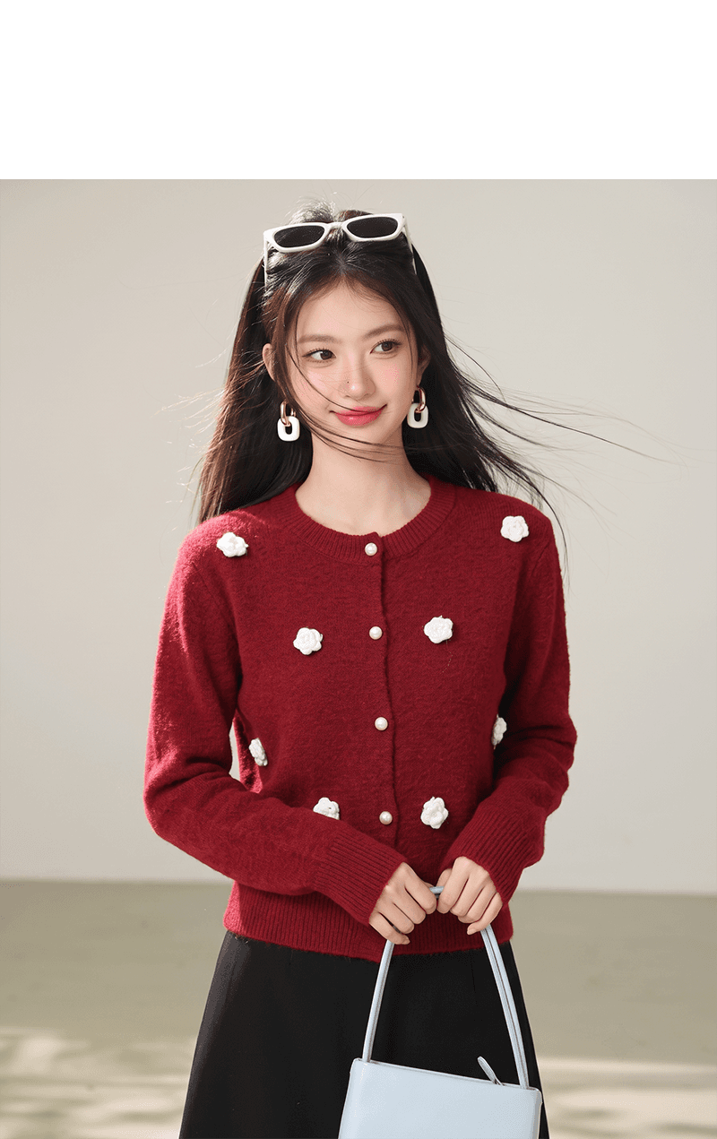 실사 가을 겨울 새로운 3 차원 꽃 홀로우 아웃 니트 오픈 가디건 여성 루즈핏 라운드 넥 긴팔 스웨터 여성 코트 상세 이미지 4