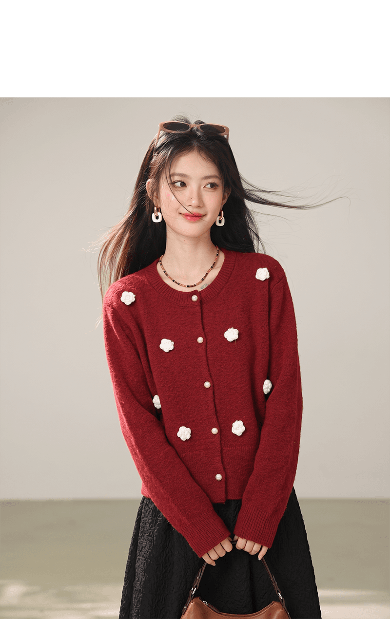 실사 가을 겨울 새로운 3 차원 꽃 홀로우 아웃 니트 오픈 가디건 여성 루즈핏 라운드 넥 긴팔 스웨터 여성 코트 상세 이미지 5