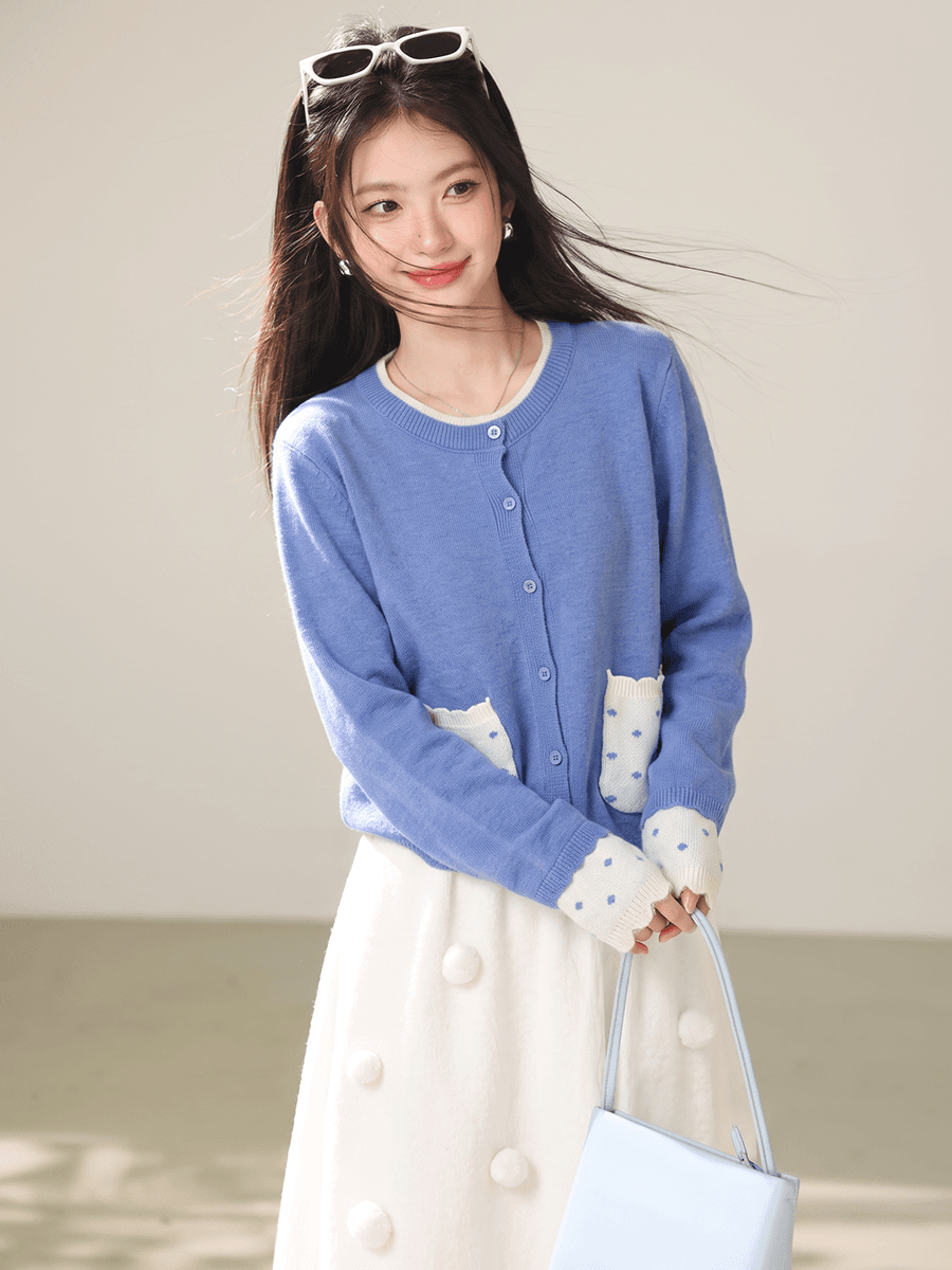 실사 새로운 패치워크 페이크 레이어드 도트 무늬 오픈 가디건 2026 가을 겨울 한 부서 루즈핏 맨위 스택 착용 여성 스웨터 이미지 5