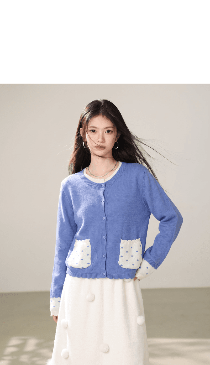 실사 새로운 패치워크 페이크 레이어드 도트 무늬 오픈 가디건 2026 가을 겨울 한 부서 루즈핏 맨위 스택 착용 여성 스웨터 상세 이미지 4