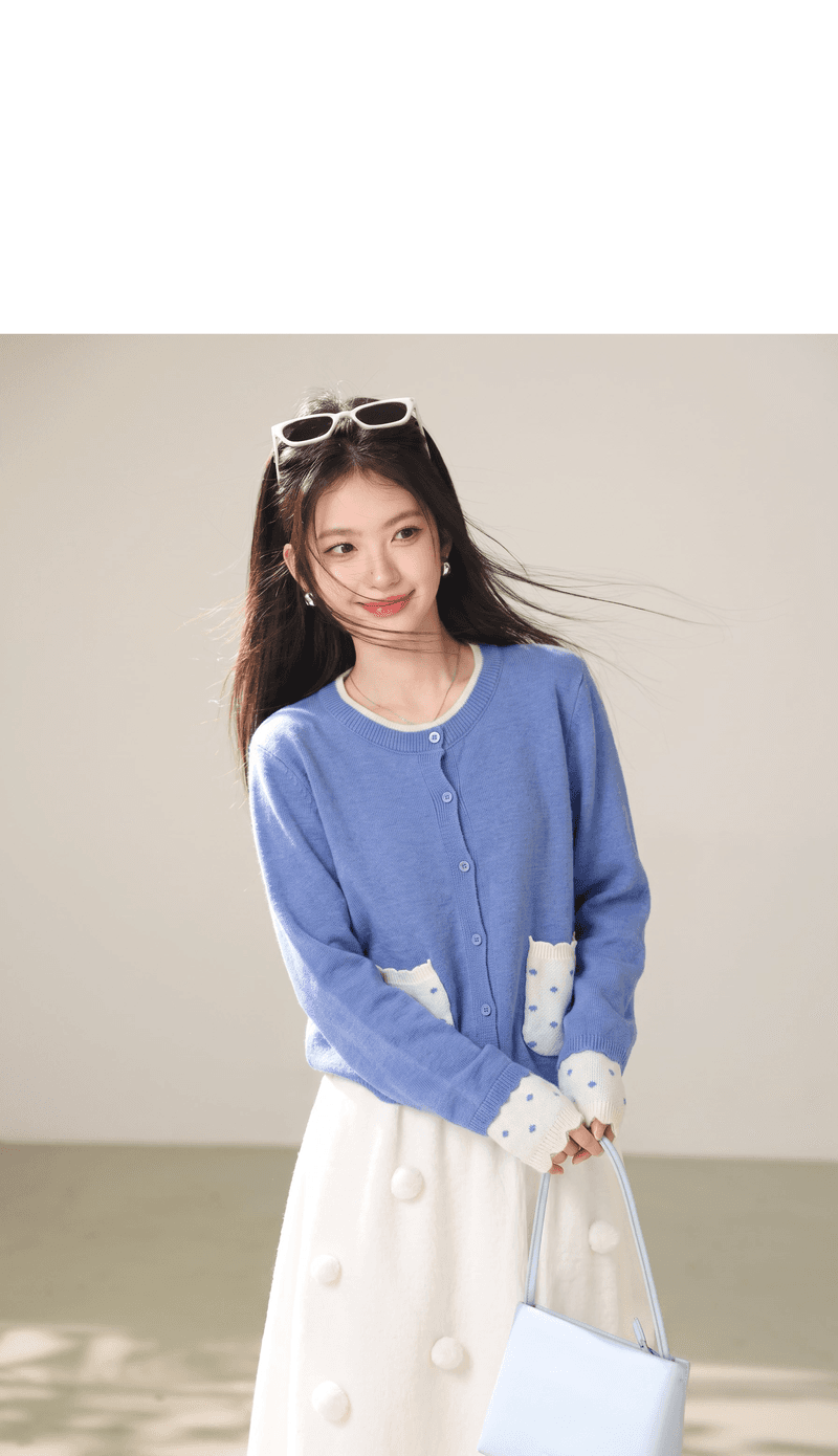 실사 새로운 패치워크 페이크 레이어드 도트 무늬 오픈 가디건 2026 가을 겨울 한 부서 루즈핏 맨위 스택 착용 여성 스웨터 상세 이미지 5