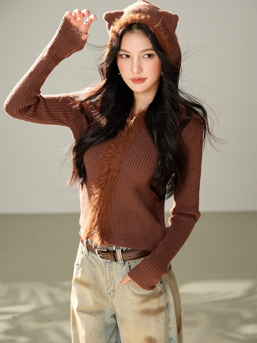 실사 레트로 귀여운 작은 곰 스웨터 여성 코트 가을 겨울철 거친 가장자리 패치워크 후드 쇼트 스타일 니트 맨위 이미지 2