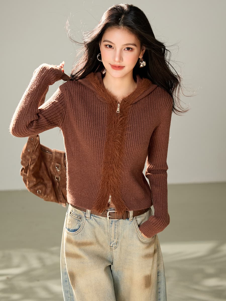 실사 레트로 귀여운 작은 곰 스웨터 여성 코트 가을 겨울철 거친 가장자리 패치워크 후드 쇼트 스타일 니트 맨위 이미지 4