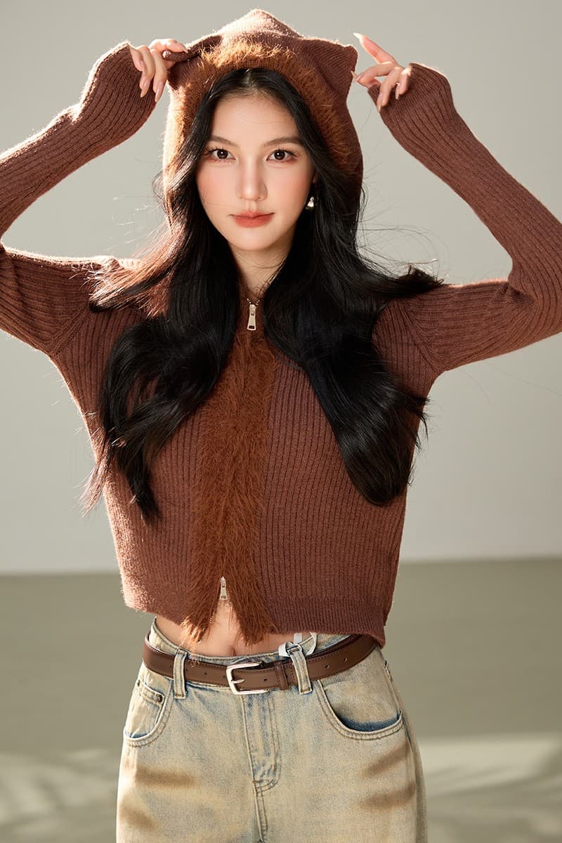 실사 레트로 귀여운 작은 곰 스웨터 여성 코트 가을 겨울철 거친 가장자리 패치워크 후드 쇼트 스타일 니트 맨위 이미지 7