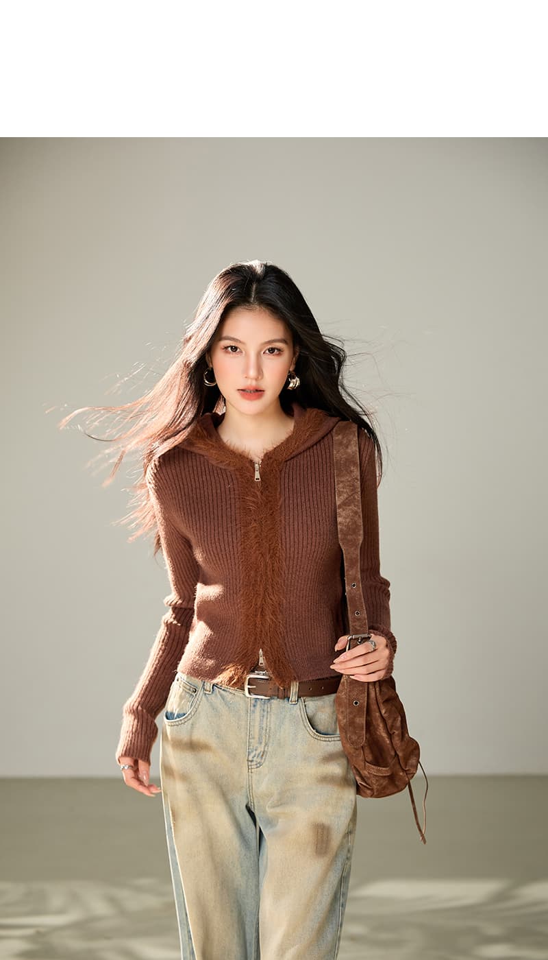 실사 레트로 귀여운 작은 곰 스웨터 여성 코트 가을 겨울철 거친 가장자리 패치워크 후드 쇼트 스타일 니트 맨위 상세 이미지 1