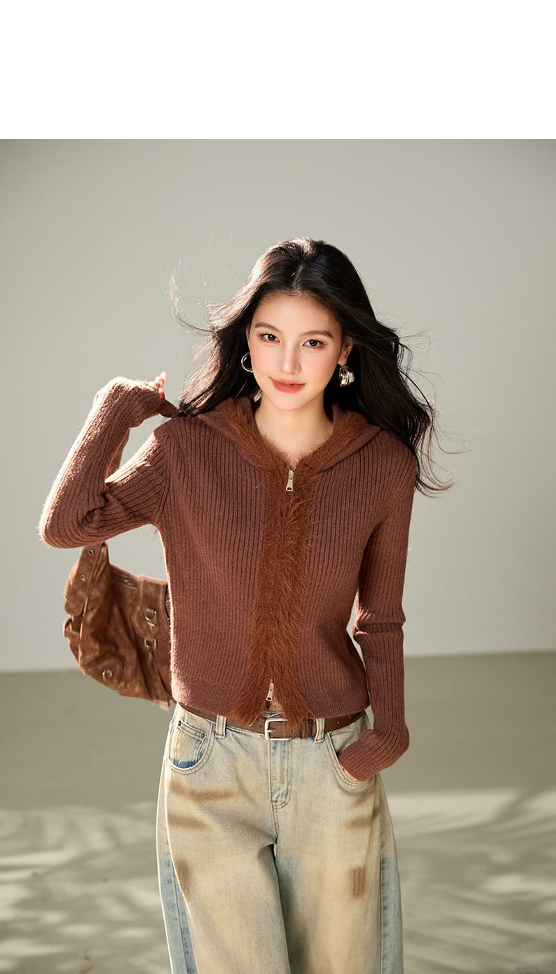 실사 레트로 귀여운 작은 곰 스웨터 여성 코트 가을 겨울철 거친 가장자리 패치워크 후드 쇼트 스타일 니트 맨위 상세 이미지 2