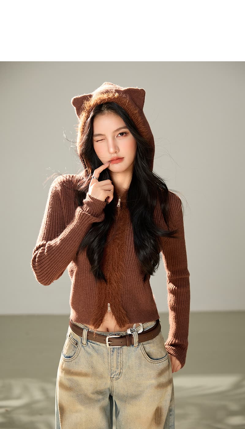 실사 레트로 귀여운 작은 곰 스웨터 여성 코트 가을 겨울철 거친 가장자리 패치워크 후드 쇼트 스타일 니트 맨위 상세 이미지 3