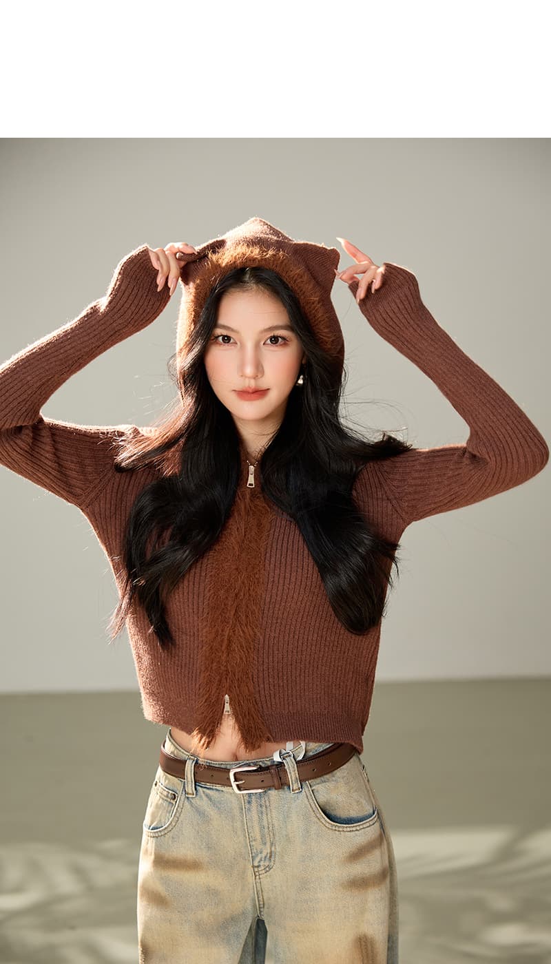 실사 레트로 귀여운 작은 곰 스웨터 여성 코트 가을 겨울철 거친 가장자리 패치워크 후드 쇼트 스타일 니트 맨위 상세 이미지 5