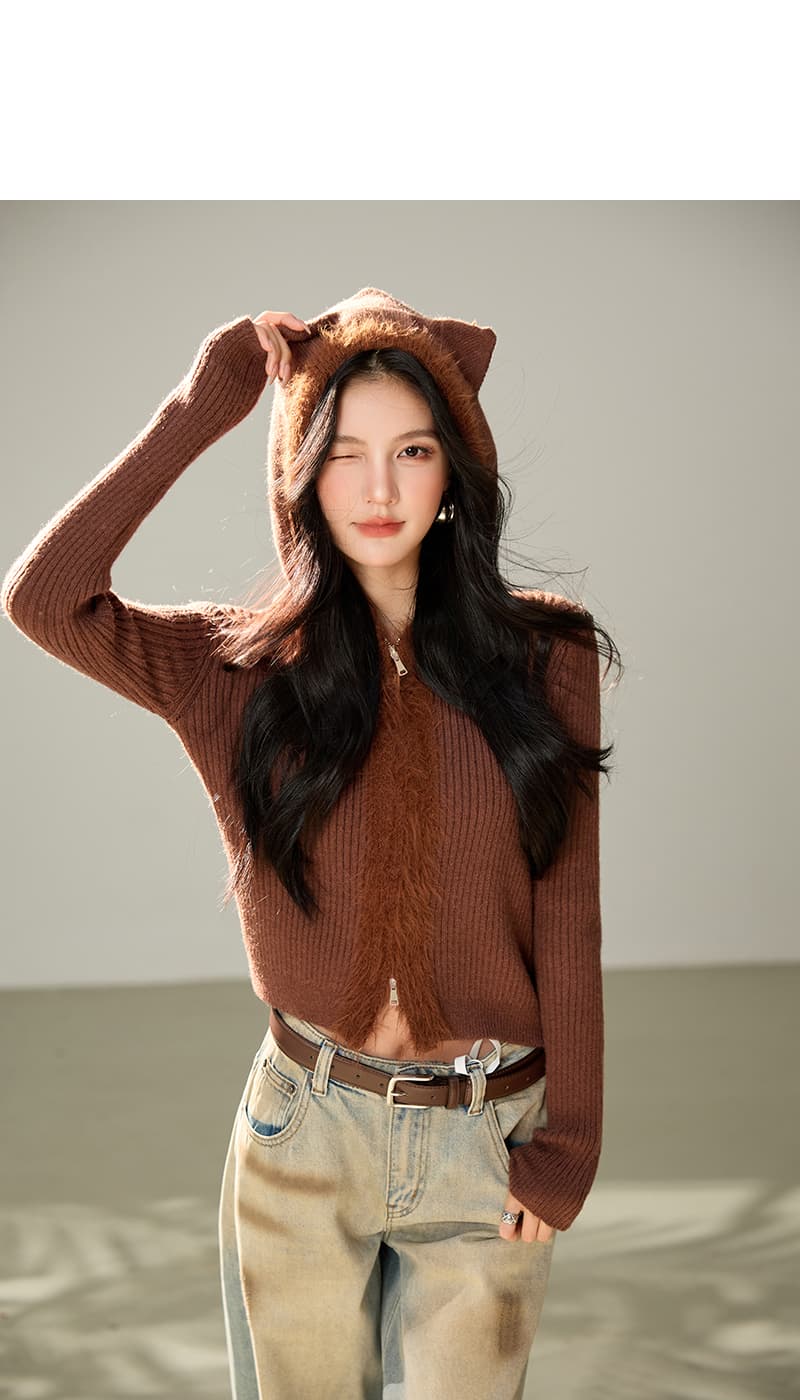 실사 레트로 귀여운 작은 곰 스웨터 여성 코트 가을 겨울철 거친 가장자리 패치워크 후드 쇼트 스타일 니트 맨위 상세 이미지 6