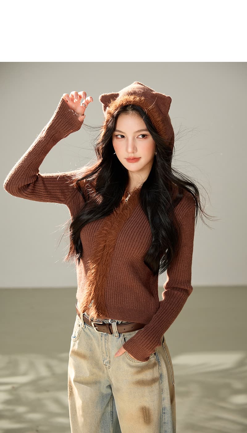실사 레트로 귀여운 작은 곰 스웨터 여성 코트 가을 겨울철 거친 가장자리 패치워크 후드 쇼트 스타일 니트 맨위 상세 이미지 7