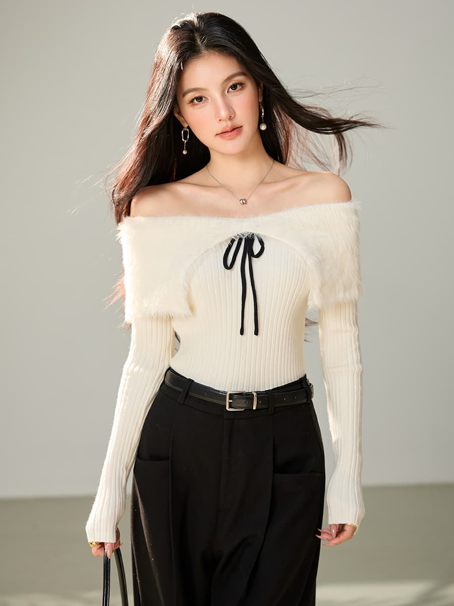 실사 화이트 모피 오프숄더 나비 매듭 스웨터 여자 봄 한 부서 몸매 가꾸기 슬림해 보이는 긴팔 니트 맨위 이미지 2