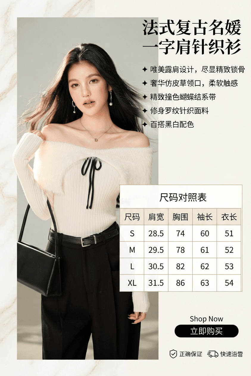 실사 화이트 모피 오프숄더 나비 매듭 스웨터 여자 봄 한 부서 몸매 가꾸기 슬림해 보이는 긴팔 니트 맨위 상세 이미지 1