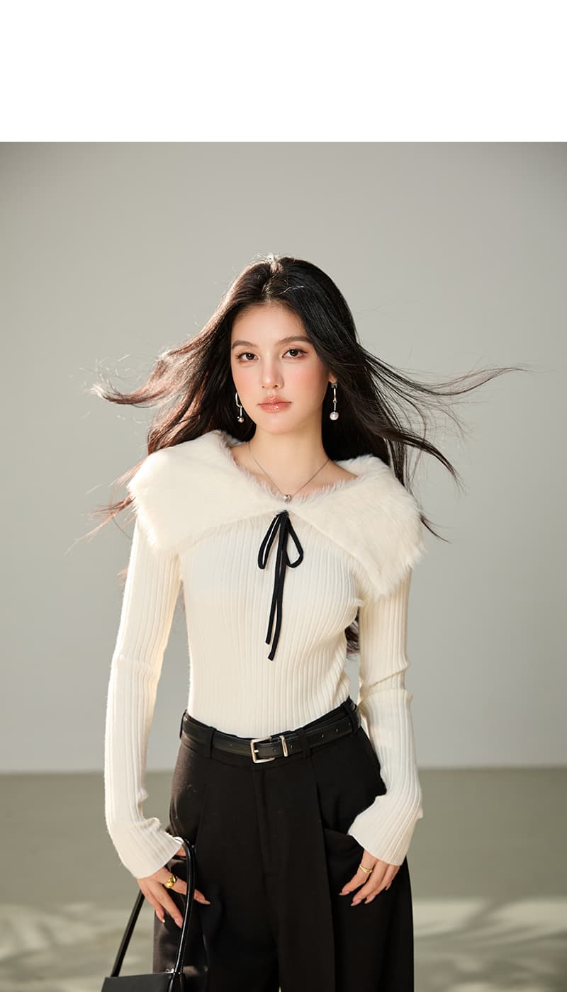 실사 화이트 모피 오프숄더 나비 매듭 스웨터 여자 봄 한 부서 몸매 가꾸기 슬림해 보이는 긴팔 니트 맨위 상세 이미지 3