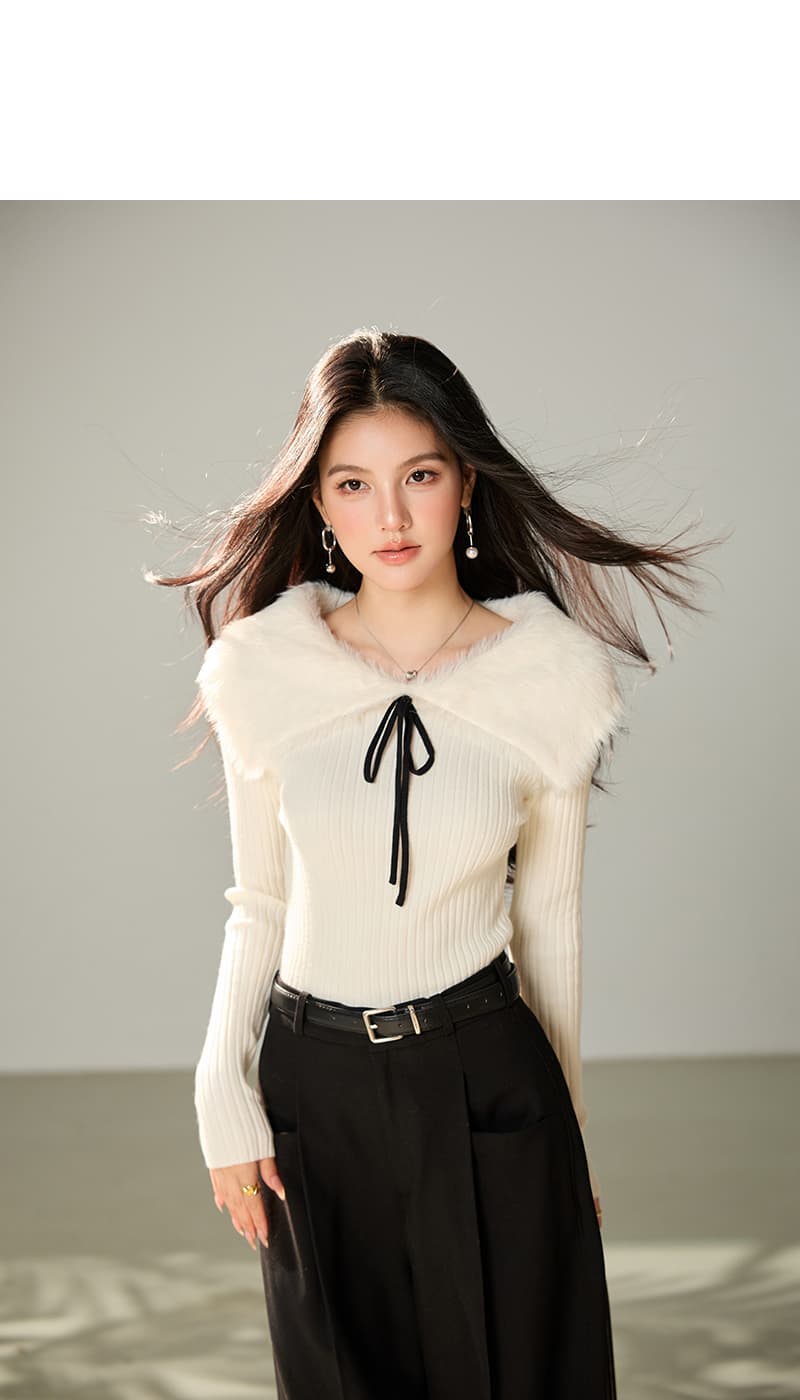 실사 화이트 모피 오프숄더 나비 매듭 스웨터 여자 봄 한 부서 몸매 가꾸기 슬림해 보이는 긴팔 니트 맨위 상세 이미지 4