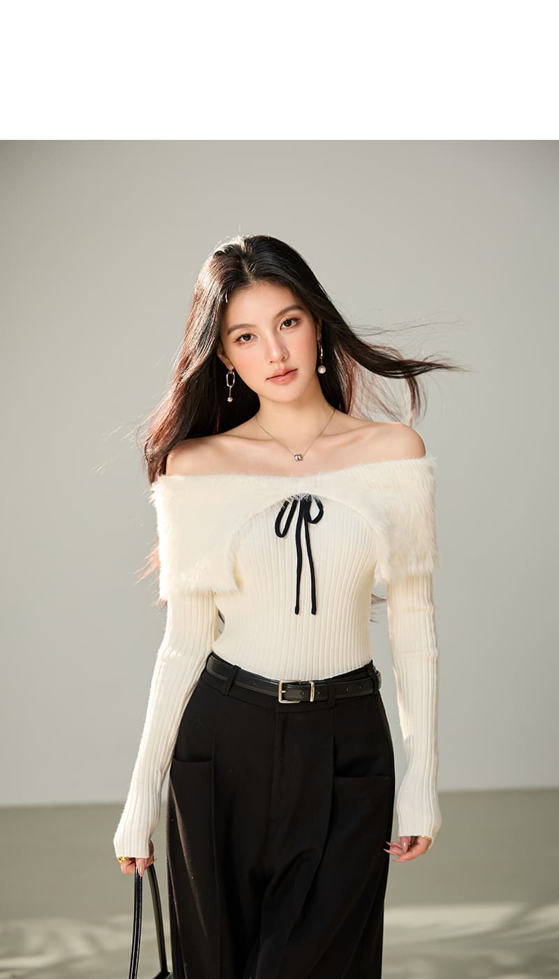 실사 화이트 모피 오프숄더 나비 매듭 스웨터 여자 봄 한 부서 몸매 가꾸기 슬림해 보이는 긴팔 니트 맨위 상세 이미지 6