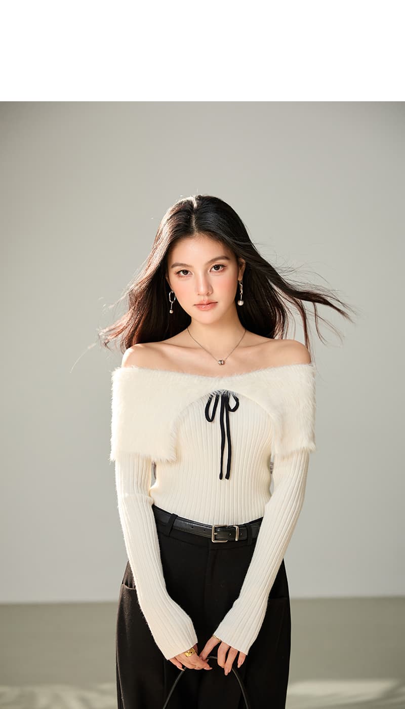 실사 화이트 모피 오프숄더 나비 매듭 스웨터 여자 봄 한 부서 몸매 가꾸기 슬림해 보이는 긴팔 니트 맨위 상세 이미지 7