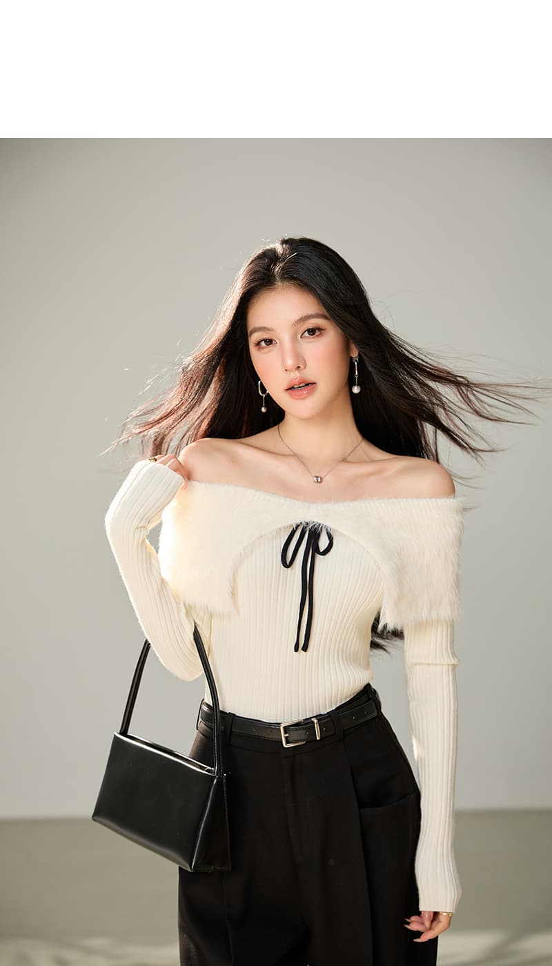 실사 화이트 모피 오프숄더 나비 매듭 스웨터 여자 봄 한 부서 몸매 가꾸기 슬림해 보이는 긴팔 니트 맨위 상세 이미지 9