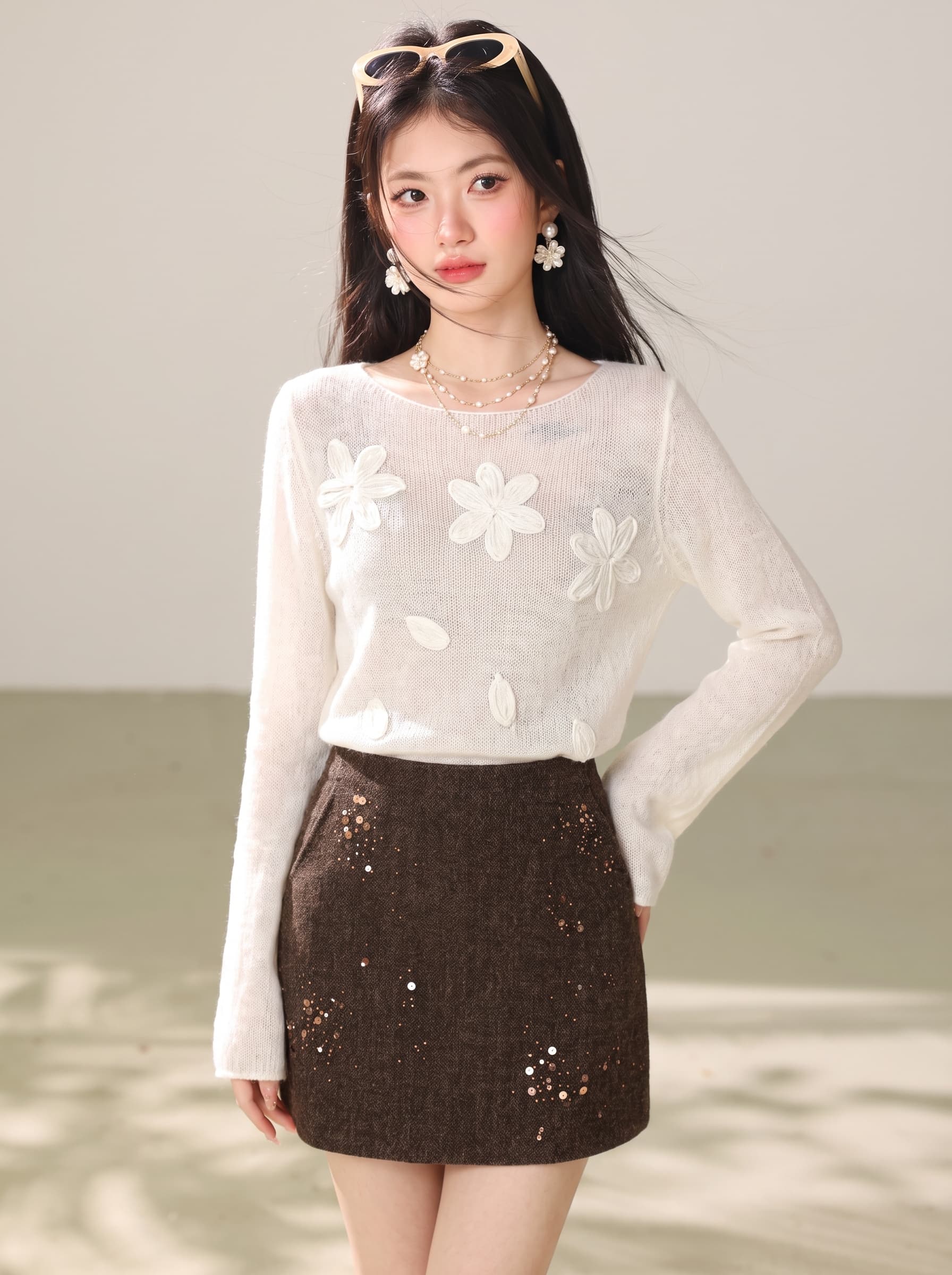 실사 한 부서 부드러운 바람 3 차원 꽃 라운드 넥 긴팔 맨위 여성 가을 부드러운 찹쌀 편안함 미니멀리즘 품격 스웨터 이미지 3