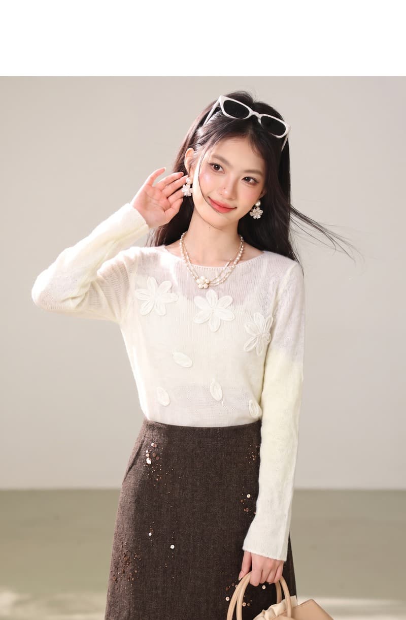 실사 한 부서 부드러운 바람 3 차원 꽃 라운드 넥 긴팔 맨위 여성 가을 부드러운 찹쌀 편안함 미니멀리즘 품격 스웨터 상세 이미지 3