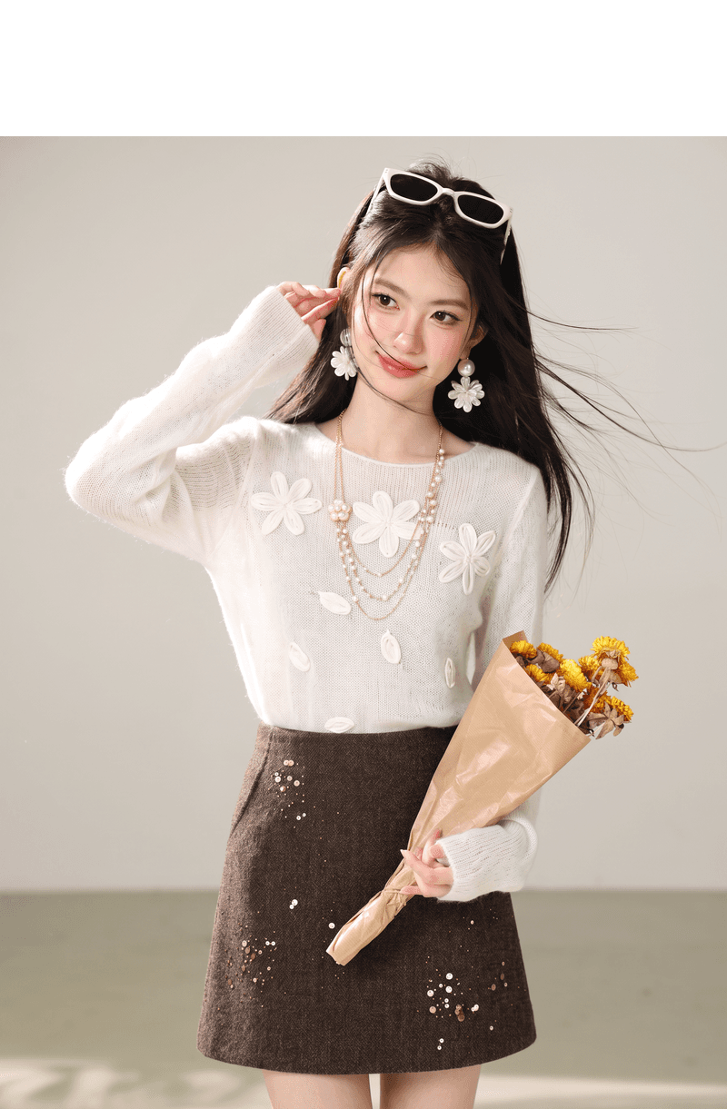 실사 한 부서 부드러운 바람 3 차원 꽃 라운드 넥 긴팔 맨위 여성 가을 부드러운 찹쌀 편안함 미니멀리즘 품격 스웨터 상세 이미지 5